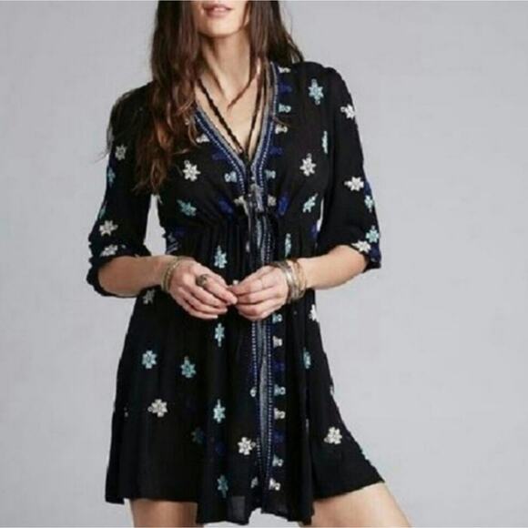 Free People Stargazer XS Black Mini Embroidered Dress - Picture 1 of 6